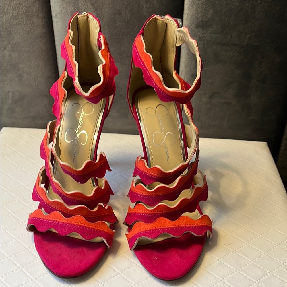Jessica Simpson Fuchsia and Coral Ruffle Strap Heels